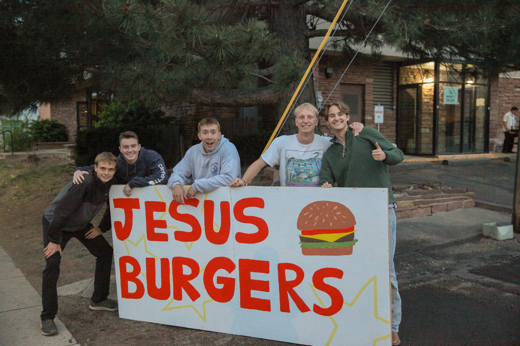 Handing out burgers